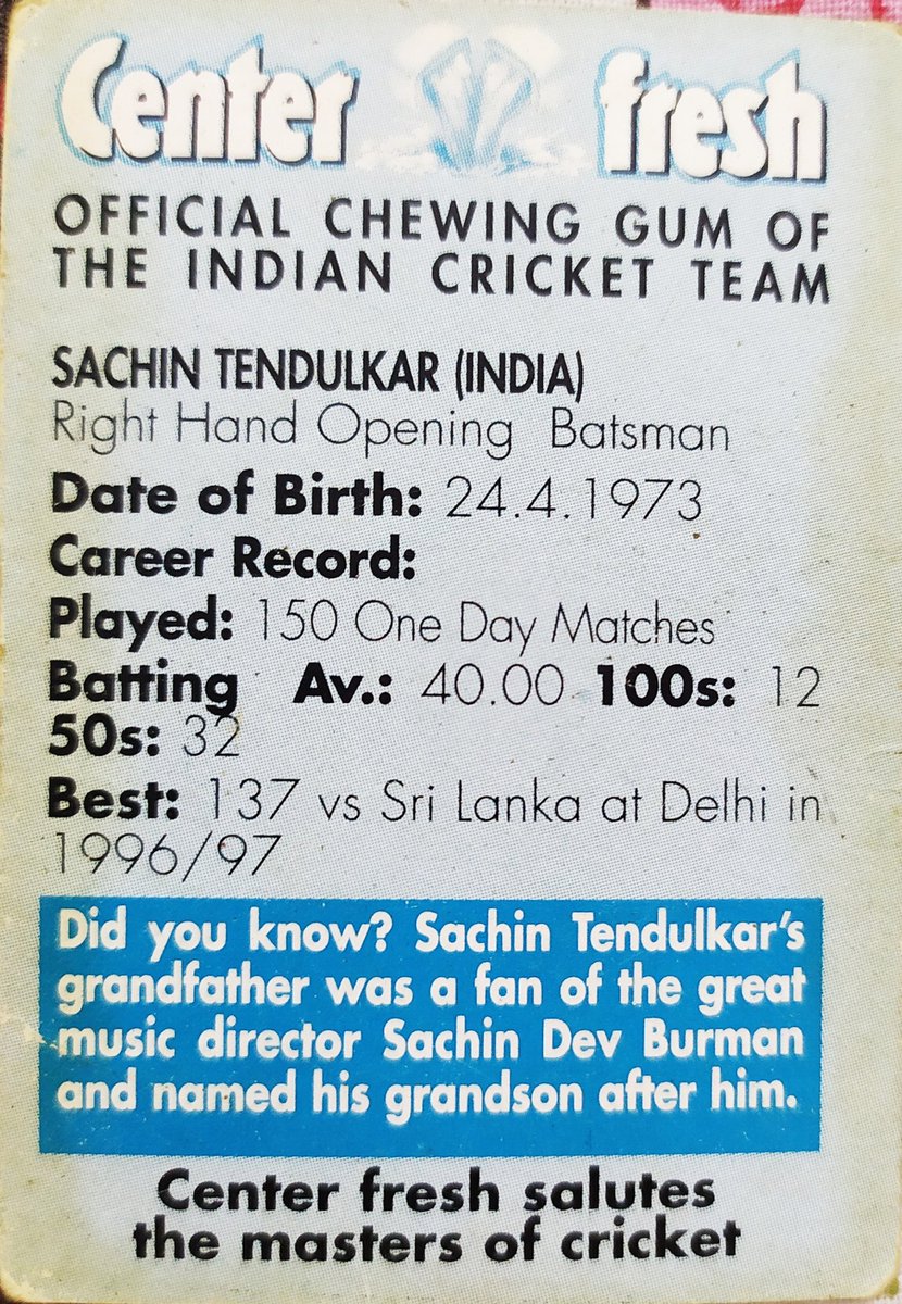 inc_mic's tweet photo. Relive your childhood with center fresh cricket cards. Like and retweet to tell us who was your favorite?
Card 1 : Sachin Tendulkar @sachin_rt

#Cricket #cards #SachinTendulkar https://t.co/9hjx8KVMN5