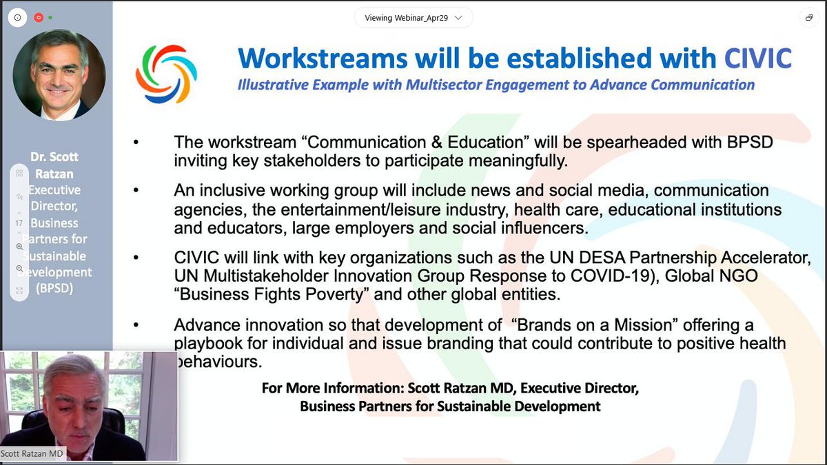 SustDev's tweet photo. Businesses can and should work together to better combat misinformation about #COVID19 and encourage positive health behaviors, says Scott Ratzan of Business Partners for Sustainable Development.
#PartnershipAccelerator https://t.co/Qb3rZFsyLr