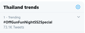 suwasdee's tweet photo. Trending #1 in Thailand for a 20-min long ep. lol 
#OffGunFunNightSS2Special
#OffGunFunNight
#ออฟกัน https://t.co/GlbCDr624S