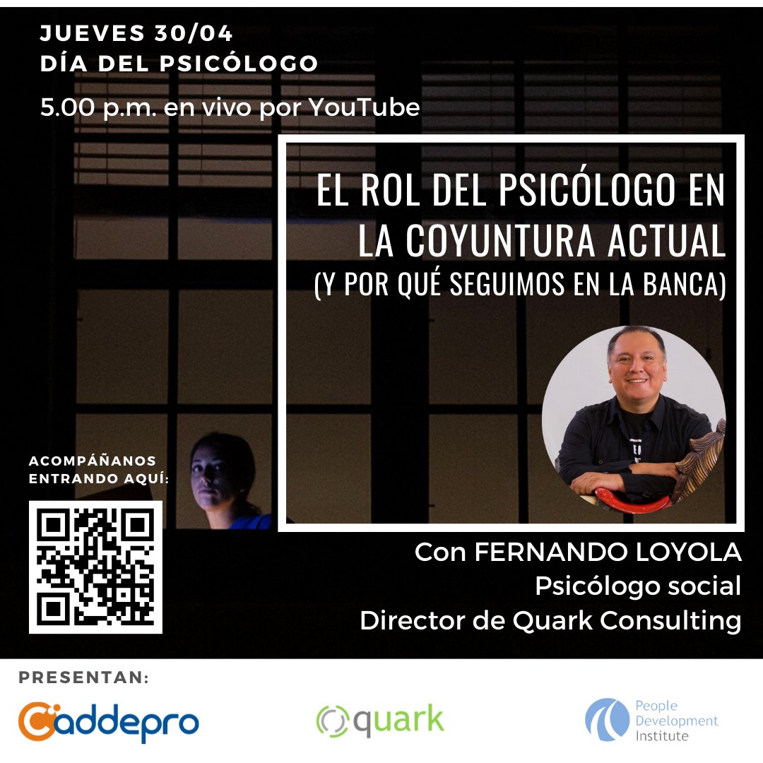 caddepro's tweet photo. JUEVES 30/04 DÍA DEL PSICÓLOGO. A las 5.00 p.m. (hora de Perú), @FernandoLoyolaA comparte sus ideas sobre el rol que los psicólogos juegan en este momento decisivo para nuestras sociedades.
La transmisión se realizará vía YouTube, y pueden seguirla aquí: https://t.co/aTdLnoA22i https://t.co/v5hcKsoJlO