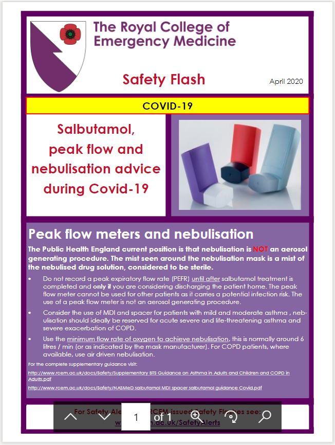SAFETY FLASH: Salbutamol, peak flow and nebulisation advice during Covid-19 

rcem.ac.uk/SafetyAlerts

<a href="/emmaredfern5/">emma redfern</a> <a href="/RCollEM/">Royal College of Emergency Medicine</a> <a href="/RCEMpresident/">Ian Higginson</a> #safety #COVID19 #Coronavirus