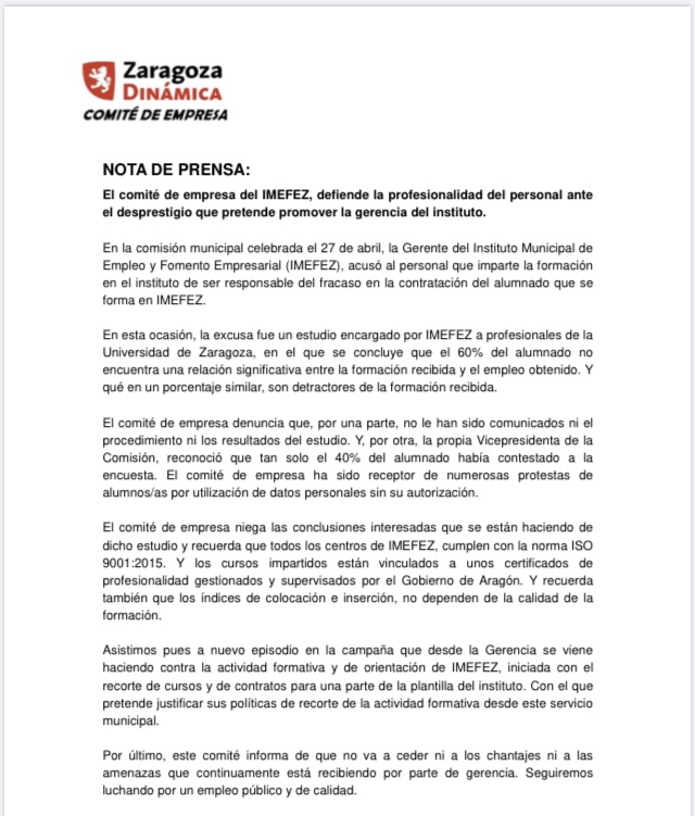 ccoozaragoza's tweet photo. .@zaragoza_es El comité de empresa del #IMEFEZ, defiende la profesionalidad del personal ante el desprestigio que pretende promover la gerencia del instituto doña @rosaplantagenet  #LaGerenteContraLaplantilla #ProfesionalesContraEsudiosPorEncargo https://t.co/MkbySh8zrc