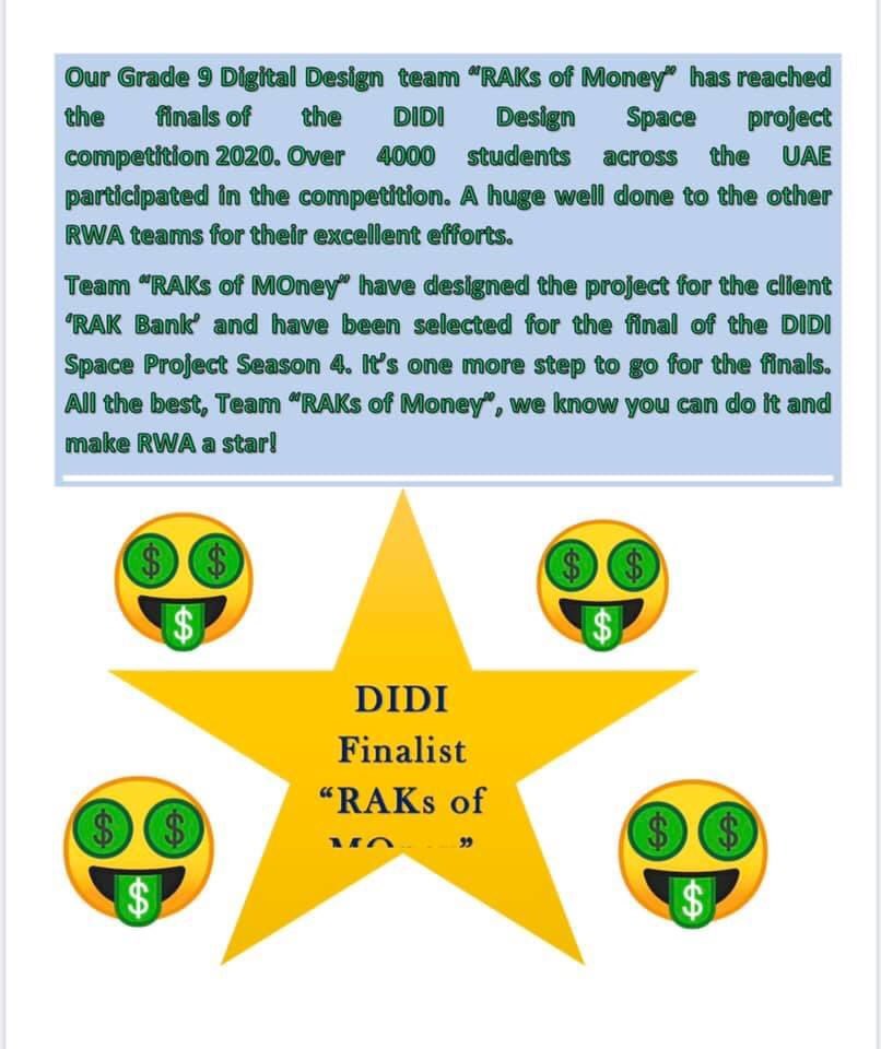 RWA_ICT's tweet photo. Our Grade 9 Digital Design  team “RAKs of Money”  has reached the finals of the @dididxb Design Space project competition 2020. Over 4000 students across the UAE participated in the competition. #rwaachievement #rwasecondary @RWA_IBMYP https://t.co/SGSlnXYOuL