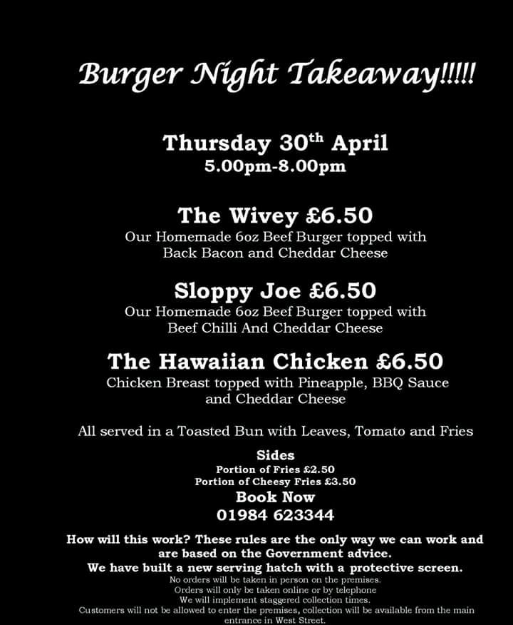 Tomorrow is takeaway burger night from the <a href="/WhiteHartWivey/">White Hart Wivey</a> 
You can book now.