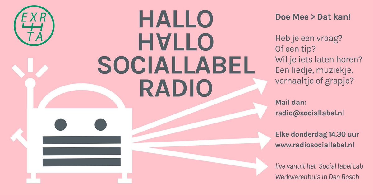 social_label_'s tweet image. Elke do- van 14.30u-15.15u inschakelen op ww.radiosociallabel.nl voor LIVE radio vanuit het @werkwarenhuis aan de Bossche @Tramkade Met presentatoren @loutdonders &amp;amp; @elskeverbraak 

Wil je ook op de radio? Dat kan! stuur een mailtje naar radio@sociallabel.nl