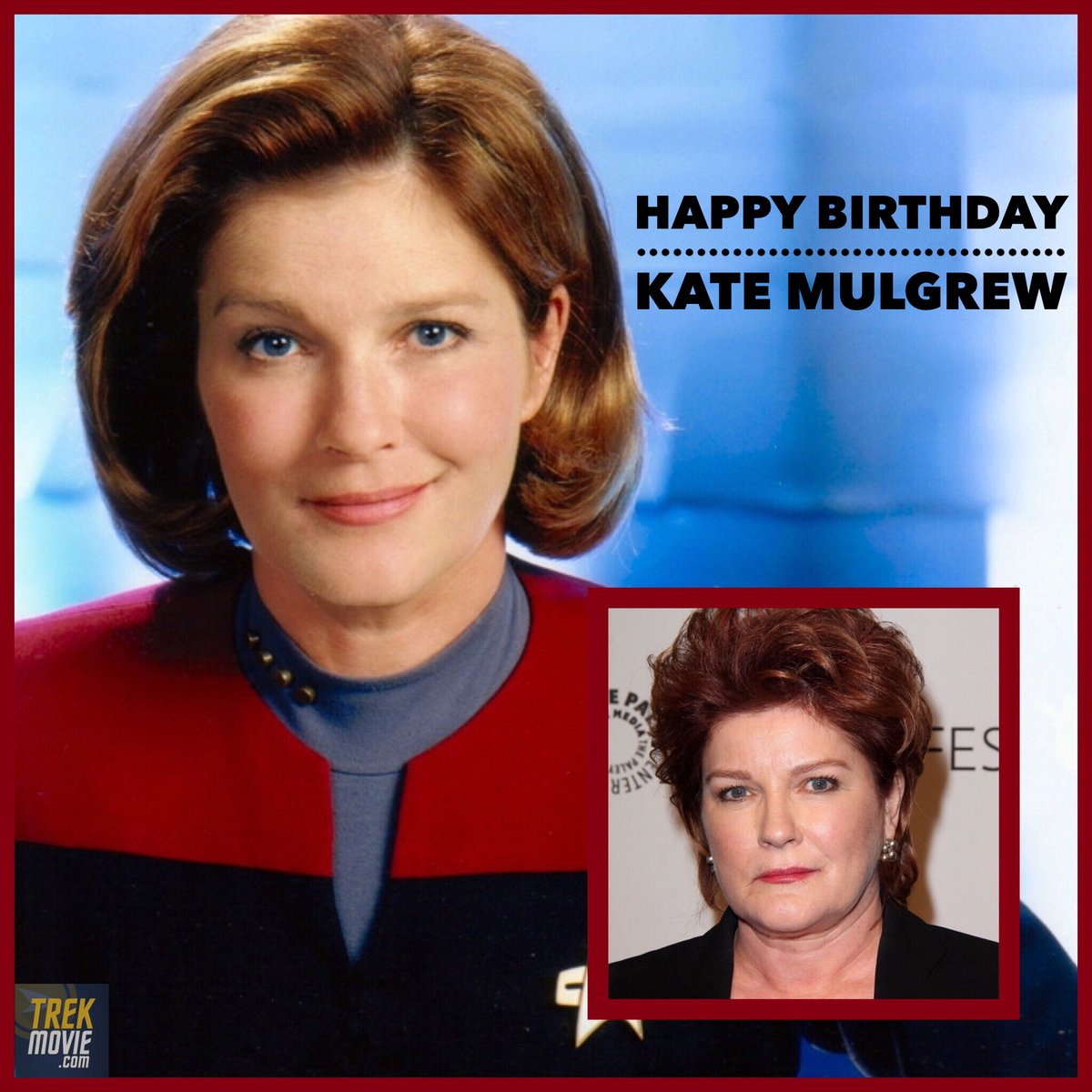 TrekMovie's tweet photo. Happy birthday to the great @TheKateMulgrew, aka Captain Janeway on #StarTrek #Voyager. She beat the Borg, got the crew home, and was Star Trek's very first female lead. Mulgrew has written two memoirs, and most recently has been playing Alma Lane on #MrMercedes. #OITNB https://t.co/eftocmpllV