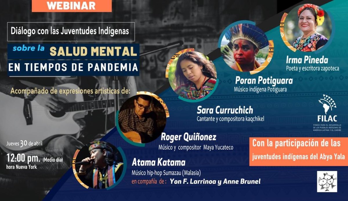 Mañana 12pm NY, 10 a.m. GT, acompañaré el -Diálogo con las juventudes indígenas sobre la salud mental en tiempos de Pandemia, con la participación de las #juventudesindígenas del Abya Yala-, acompañado de expresiones artísticas 🔥🌿✊🏾

Incríbanse aquí: attendee.gotowebinar.com/register/89390…