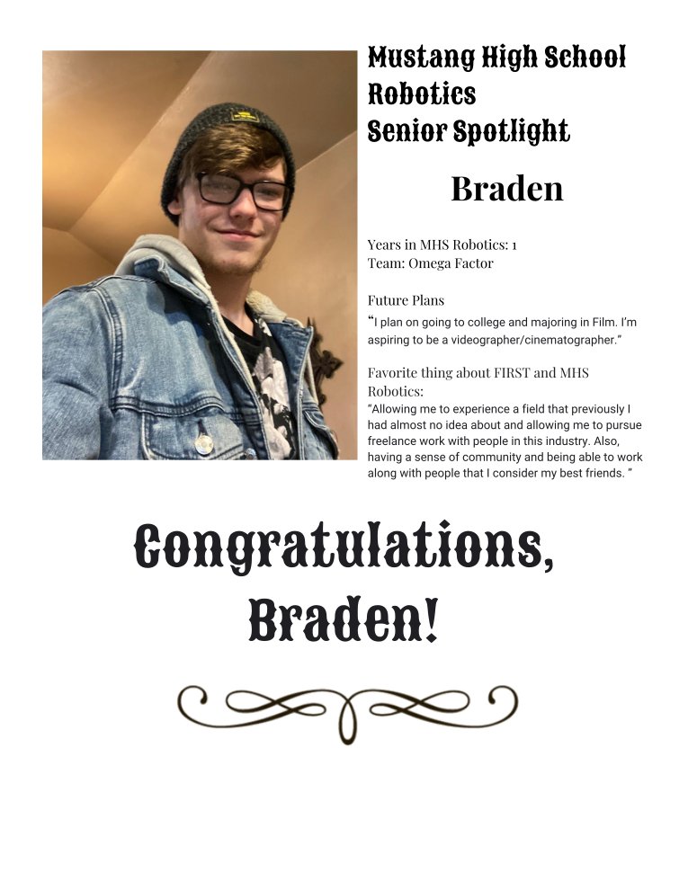Team3465's tweet photo. Senior Spotlight: Braden
FRC team member: 1 year in FIRST robotics
@MustangSchools @MHS_Robotics18 @OklahomaFIRST @FIRSTweets
#MPSSTEM #broncopride #congratulations #goingpro https://t.co/MIhj4gFfFe