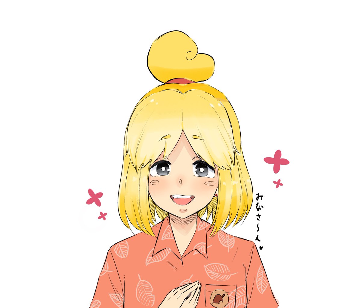 isabelle (animal crossing) 1girl solo blonde hair smile shirt topknot hawaiian shirt  illustration images