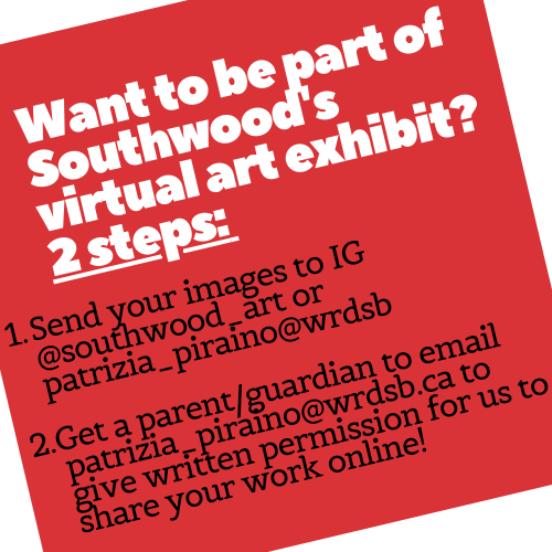SssVisual's tweet photo. Southwood students, want to be a part of our online art exhibit? Check out this post to find out how! @ssswrdsb 
👇👇👇 https://t.co/tuWpUwyNvP
