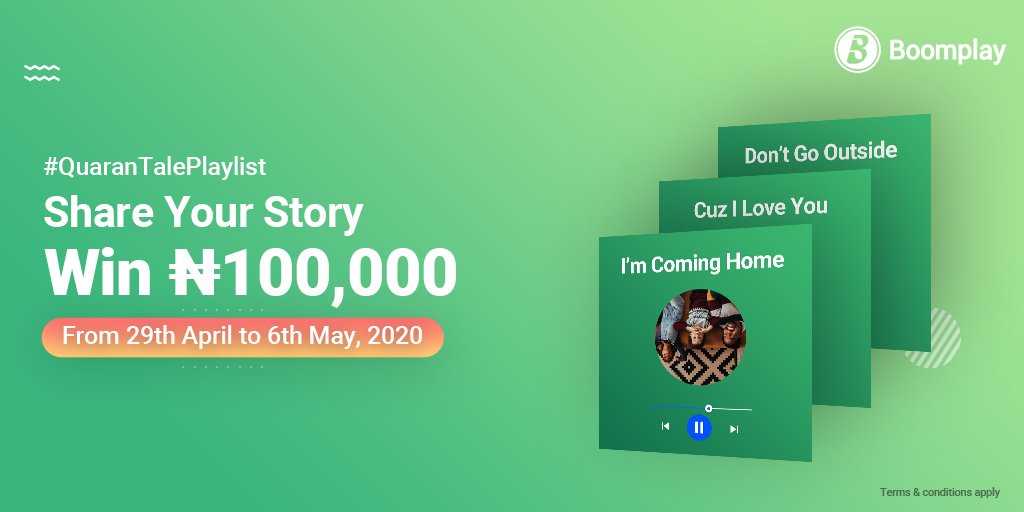 BoomplayNigeria's tweet photo. We all have something to say about our quarantine experiences.🤗
Tell your story with a playlist and stand a chance to win!
Click here for details to participate ➡️ https://t.co/XceNDguSq8
#QuaranTalePlaylist #Boomplaymusic https://t.co/mB819kmbPj