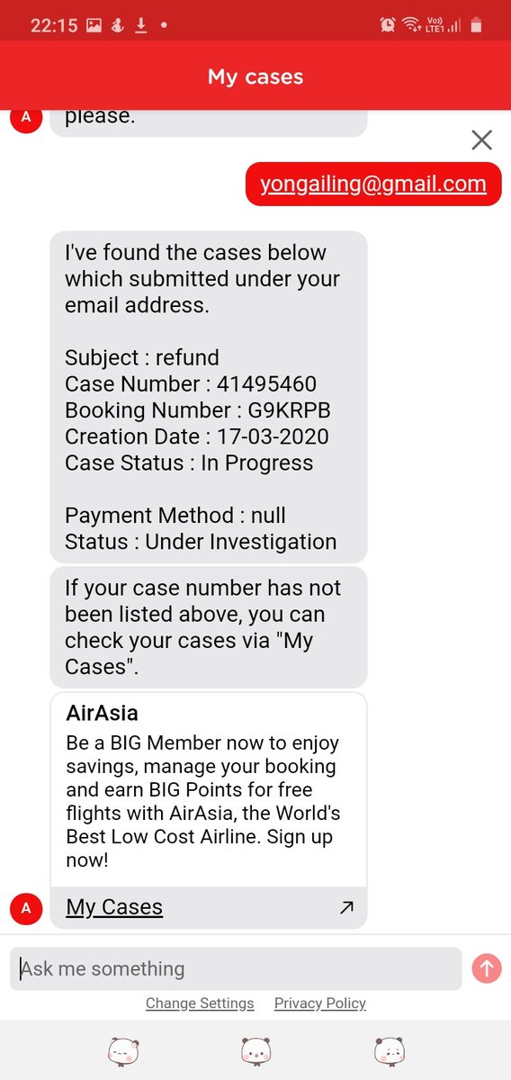 WozzyYAL's tweet photo. @AirAsiaSupport Case number: 41495460
Email Address: yongailing@gmail.com
Query/Concern: hi, the case status is forver under "in Progress", and status: under investigation. Please enlighten me what to be investigate. https://t.co/0heJ4gTfe0