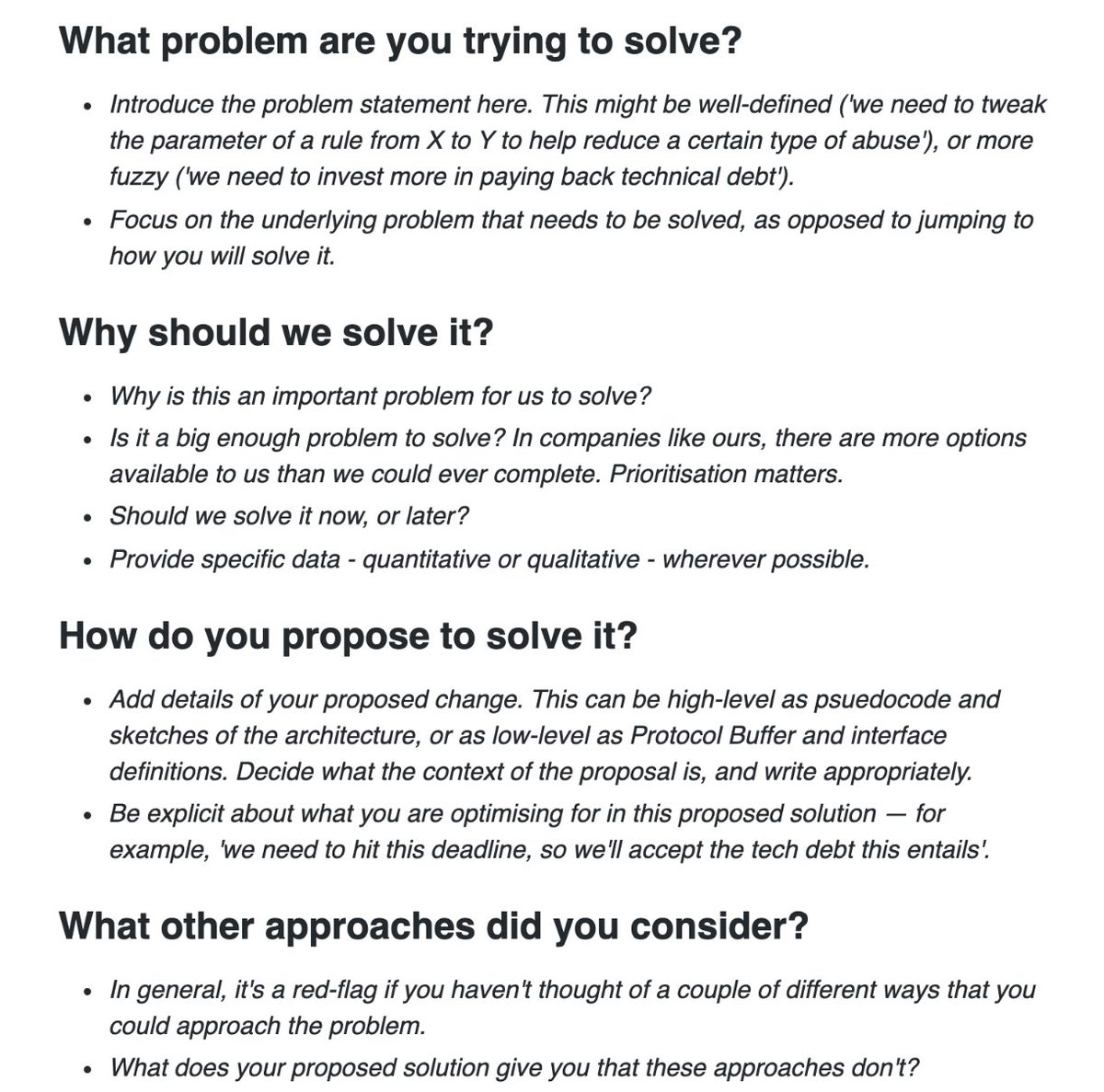 sjwhitworth's tweet image. I&apos;m a big believer in proposal culture. Writing proposals before you start is a forcing function for clearer thinking and a stronger design.

I&apos;ve shared the proposal template that I used at @ravelinhq  and @monzo: please use it and share around.

stephen.sh/posts/proposal…