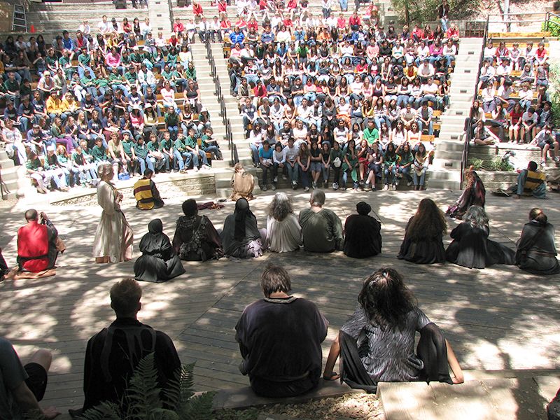 theatricum's tweet photo. In a time before distance learning, students gather for a Q and A at a Theatricum School Days performance. https://t.co/brgFUhFxTt