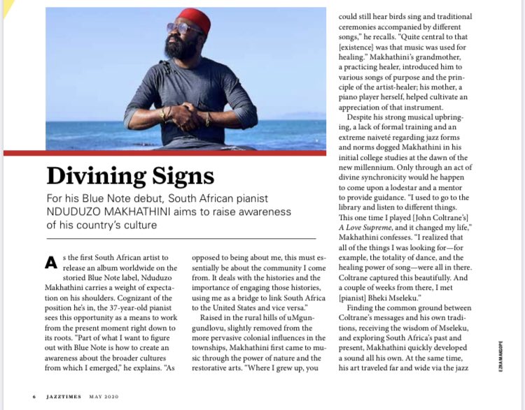 nduduzomakh's tweet photo. Delighted to be featured on the May issue of @JazzTimes album out on @bluenoterecords (piece penned by @DanBilawsky)
#modesofcommunication #lettersfromtheunderworlds
Pic: @ezramokgope https://t.co/3yoBAkVjLo