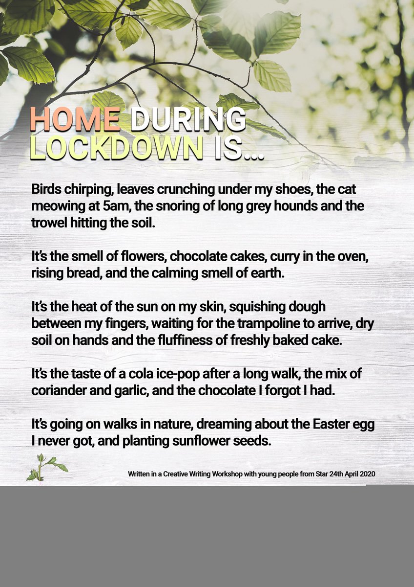 Our first Young People’s online creative video workshop with One to One Development was a resounding success. Using our five senses, touch; sight; hearing; smell and taste, we defined calm during these uncertain times and what home under lock down is? We hope you enjoy the poems