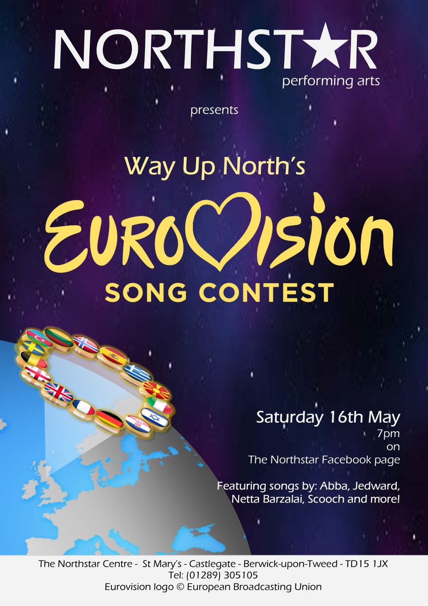 With the news that this year's Eurovision Song Contest has been cancelled, we have decided to offer an alternative and show 'Way Up North's Eurovision' show from 2018!

Join us on our Facebook page on Saturday 16th May at 7pm!
facebook.com/NorthstarCentre