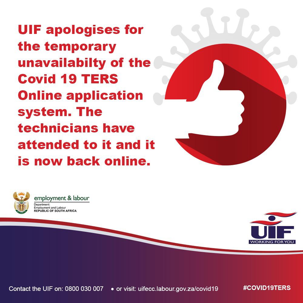 deptoflabour's tweet image. The @UIFBenefits #UIF apologises for the temporary unavailability of the #COVID19TERS online application system. The technicians have attended to it and is now back online. ow.ly/i7rf30qBKnF