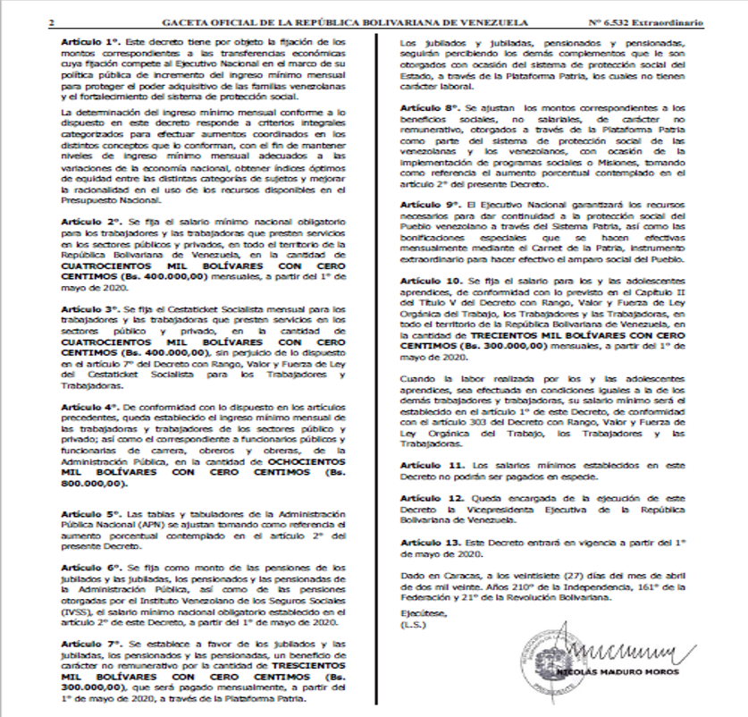 Vozdelcall's tweet photo. el Ejecutivo Nacional decretó por medio de la Gaceta Oficial Extraordinaria N° 6.532 de fecha 27 de abril de 2020, el incremento dl salario mínimo mensual obligatorio en Bs. 400.000,00 y el Cestaticket Socialista en Bs. 400.000,00 a partir del 1° de Mayo 2020 https://t.co/p2hrkI9w9H
