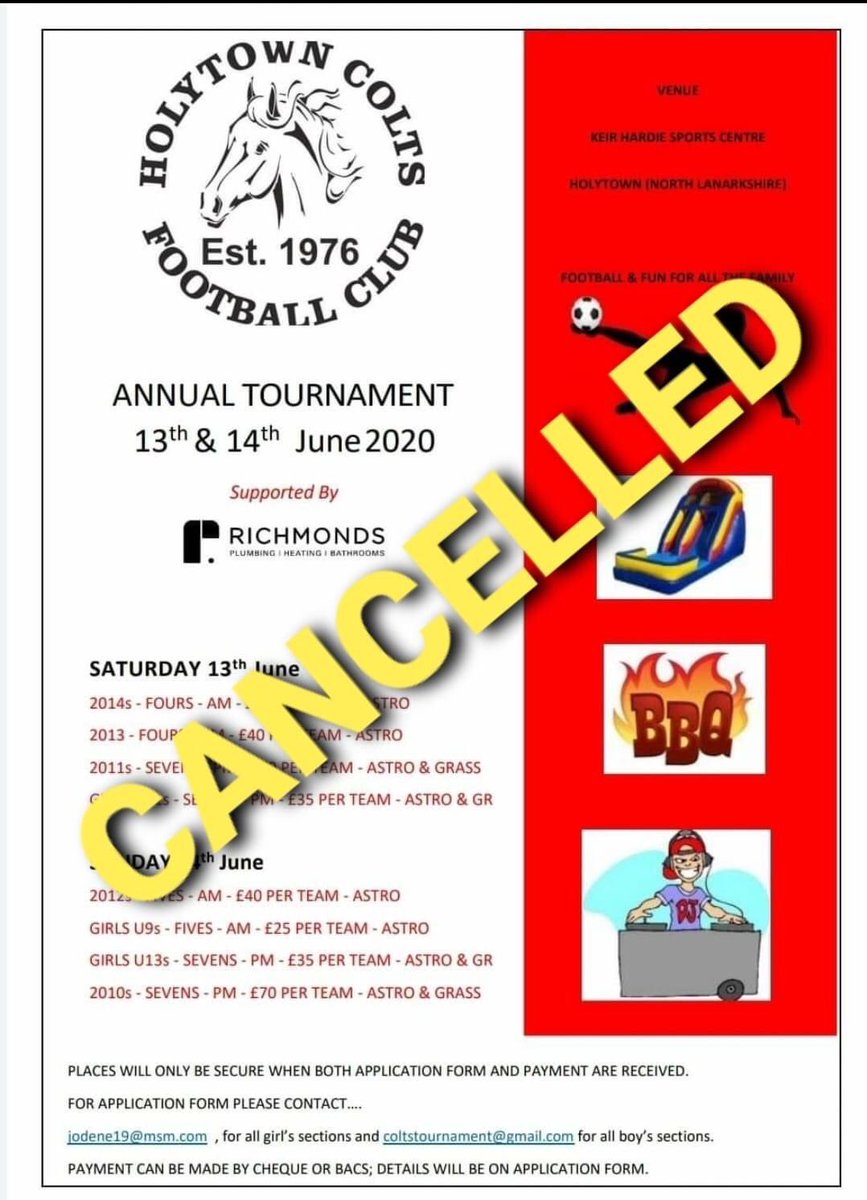 It is with a heavy heart that as a consequence of the Covid 19 pandemic &amp; In line with guidance by SYFA relating 2 grassroots we have taken the decision 2 cancel our popular summer tourney in June .
If you contact us at coltstournament@gmail.com we will arrange refunds