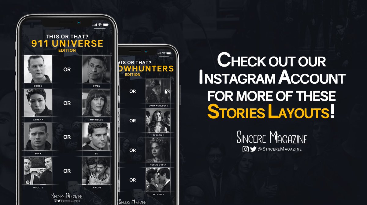 SincereMagazine's tweet photo. We have some "This or That" layouts coming up in our Instagram story for you today! 

Make sure to tag us so we can see your results!

#911onfox #911LoneStar #Shadowhunters #LaCasaDePapel #OrphanBlack

Our IG: https://t.co/rd4xLJRKZ1 https://t.co/LJ70s1uH1I