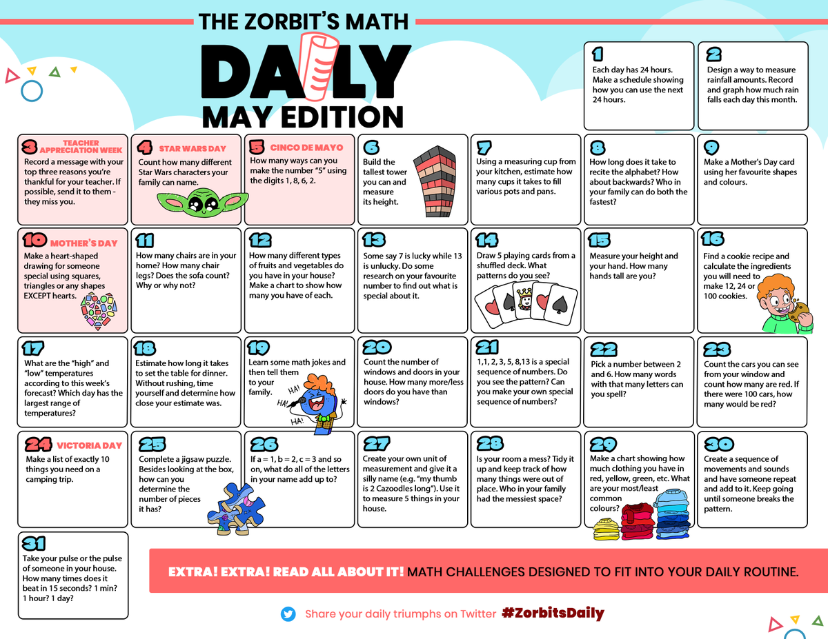 Extra! Extra! The MAY EDITION of the #ZorbitsDaily math calendar is hot off the presses and available in English AND French at go.zorbitsmath.com/home-learning-…