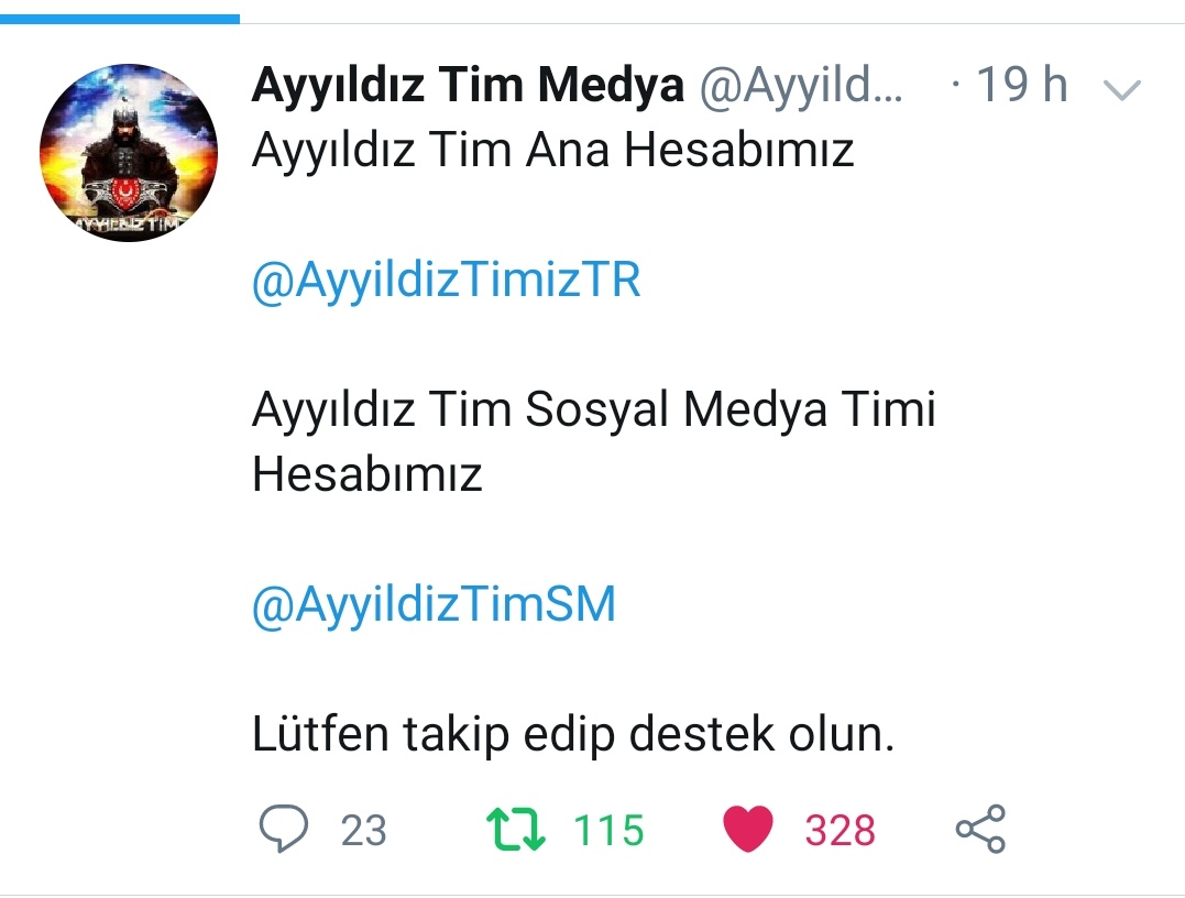 @Bozkurt__Zeynep @RteAtilla1 @5Davam @EngulYusuf @filinta_y @Tek_Vatan12 @Cengizyigiit @FazilDuygun @bekiservet @Vatan_SancAK @hetenketenabi @gundogan_reis @gundogan_rt @Sevdenu31352845 @Zehra69226890 @54FuRKaN_ @__SUHEDAA_1071_ Ayyıldız Tim Ana Hesabımız
 
@AyyildizTimizTR 

Ayyıldız Tim Sosyal Medya Timi Hesabımız

@AyyildizTimSM 

Lütfen takip edip destek olun.