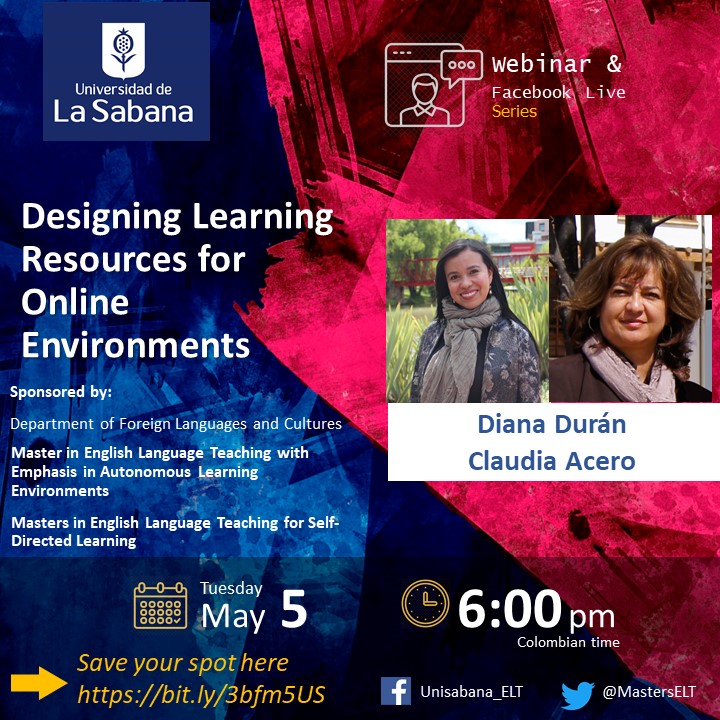 MastersELT's tweet photo. May 5th, prof. Diana Durán, MA in Language Teaching-Autonomous Learning Environments and prof. Claudia Acero with experience in education includes teaching in all language levels. Register:  https://t.co/zYUw8fl1s0 https://t.co/hUsivr5F0S