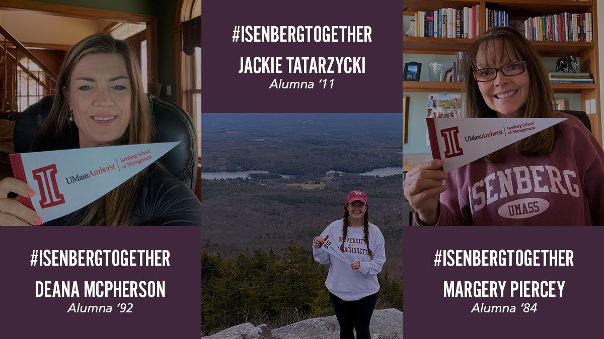IsenbergUMass's tweet photo. These pennants are reminders of the Isenberg community which keep accounting alumnae Deana Mcpherson ('92), Jackie Tatarzycki ('11), & Margery Piercey ('84) feeling positive 🚩 What does #IsenbergTogether look like in your life? https://t.co/wYcNjIr46r