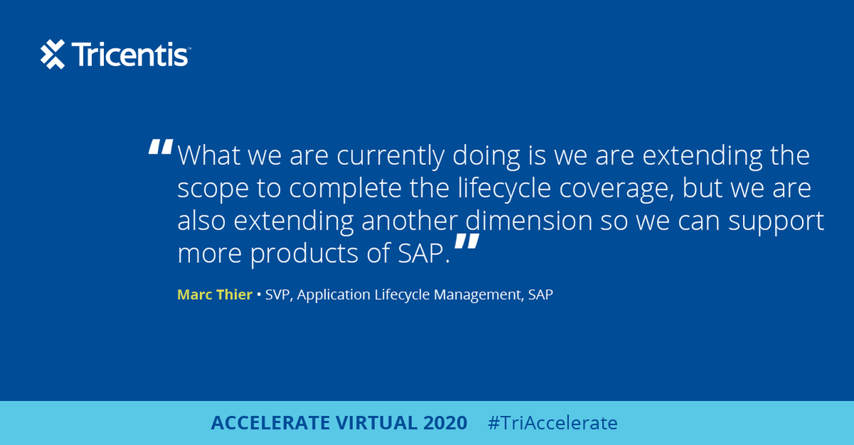 Tricentis's tweet photo. "What we are currently doing is we are extending the scope to complete the lifecycle coverage, but we are also extending another dimension so we can support more products of SAP." Marc Thier, SVP, Application Lifecycle Management, @SAP #TriAccelerate https://t.co/w7laSyzgTc
