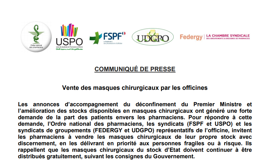 Ordre_Pharma's tweet photo. Vu l'amélioration des stocks disponibles et les annonces de déconfinement, les représentants de l'#officine invitent les #pharmaciens à vendre les #masques chirurgicaux de leur stock avec discernement, en priorité aux personnes fragiles ou à risque ➡️https://t.co/wSaZU0yJOg https://t.co/mniDq7AYhv
