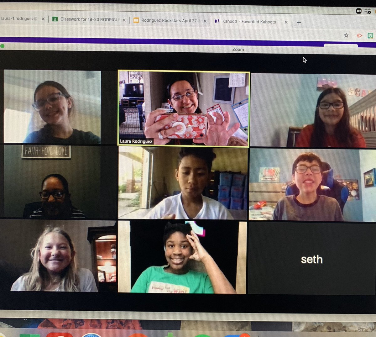 lrod0806's tweet photo. Having fun at our class Zoom meeting today. I miss these faces so much. We played a kahoot on our math concept for the week, talked about everything/ nothing, reviewed circuits and so much more. Thanks @ssosa88 for the Kahoot. @NISDFranklinES #kfeproud #distancelearning https://t.co/oaiYYXtPTE