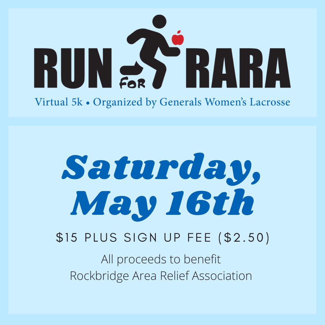 GeneralsWLax's tweet photo. Join our team to #RunForRARA - a Virtual 5K where all race registrations and donations go directly to support The Rockbridge Area Relief Association in aiding our neighbors in the Lexington/Rockbridge community
๐๐พโโ๏ธ๐โโ๏ธ๐๐ฝโโ๏ธ๐
๐in Bio - Sign Up Today!!! https://t.co/4rp2S9DLqw