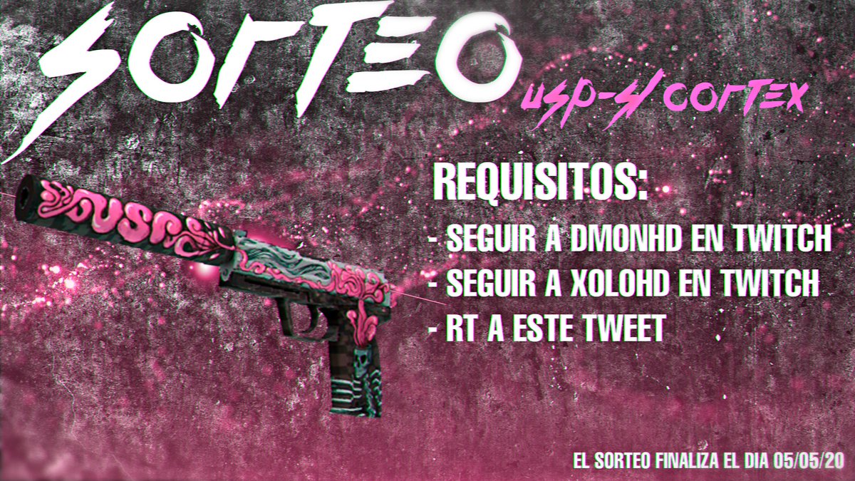 SORTEO USP-S | Córtex
Requisitos:
- Seguir a <a href="/DmonHD/">Demon</a> en Twitch: twitch.tv/dmonhd/
- Seguir a <a href="/HdXolo/">XoLo</a> en Twitch:
twitch.tv/xolohd
- RT a este tweet
Será necesario mandar una captura de pantalla que demuestre los follows.

El sorteo finaliza el día 05/05/20 GL