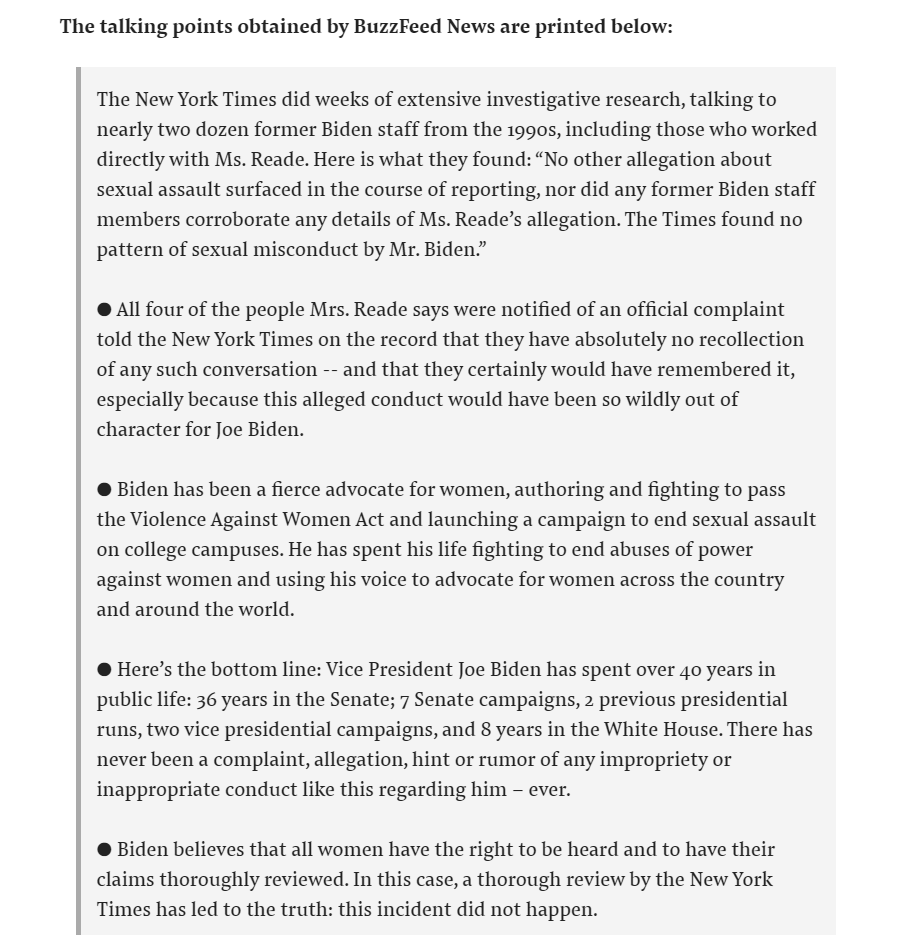 Kenneth P Vogel On Twitter The Biden Campaign S Talking Points Assert That A Nytimes Investigation Of Tara Reade S Claims About Joebiden Has Led To The Truth This Incident Did Not Happen That