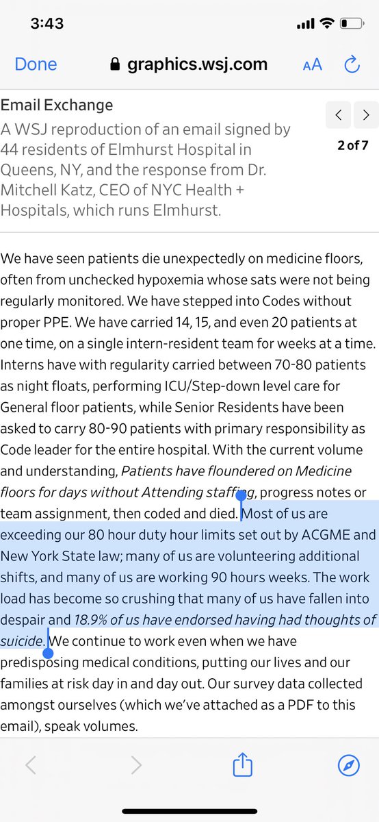 Astonishing letter that @WSJ has reproduced from 44 @ElmhurstHealth medicine residents to Dr. Katz CEO of @NYCHealthSystem — residents report many working 80+ hour weeks and from a survey among themselves, 18.9% endorsed having has thoughts of suicide. #COVID19 #CoronaVirusNYC