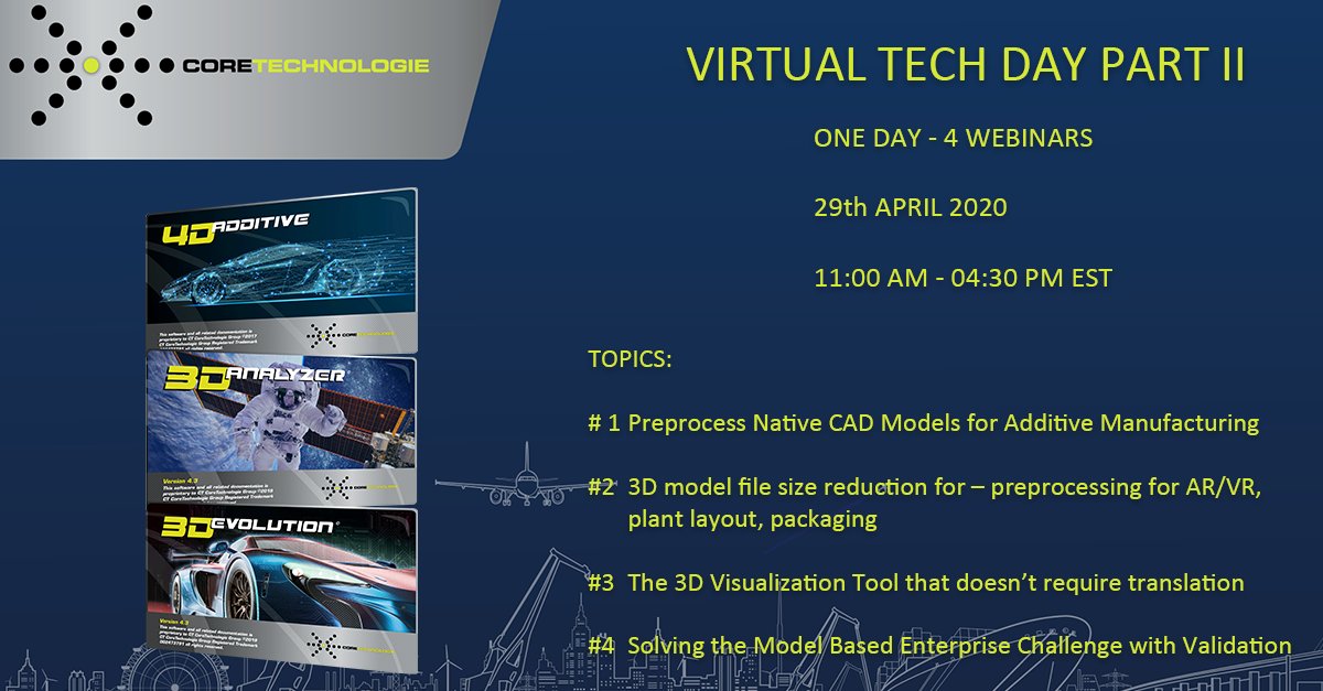 CoreTechnologie's tweet image. @CoreTechnologie presenting 2⃣webinar - VIRTUAL TECH DAY! 
Join now:✍️bit.ly/2Sl5jMr 
⚡️We introduce our #StrongestCADConverter #3D_Evolution for Geometry #simplification for lightweight #CAD models. ⚡️