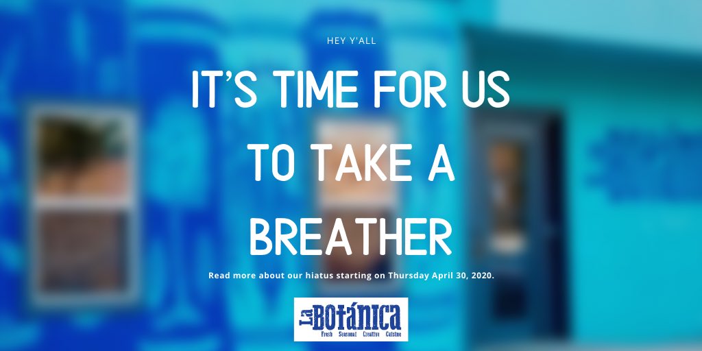 The well-being of our staff and community takes priority over profit. Given the latest update from Governor Abbott, we have made the decision to take a break. 

Click the link below to read more:
vivalabotanica.com/2020/04/29/we-…