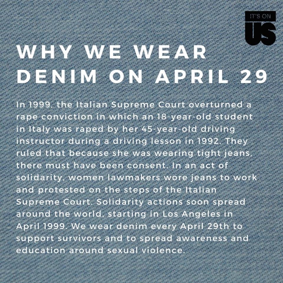 AugustanaSHVP's tweet photo. Why do we wear denim today? @ItsOnUs gives us a great explanation. We wear denim to support survivors and all those who courageously stood for us. #Augie4Survivors https://t.co/ZrUzepWiS4