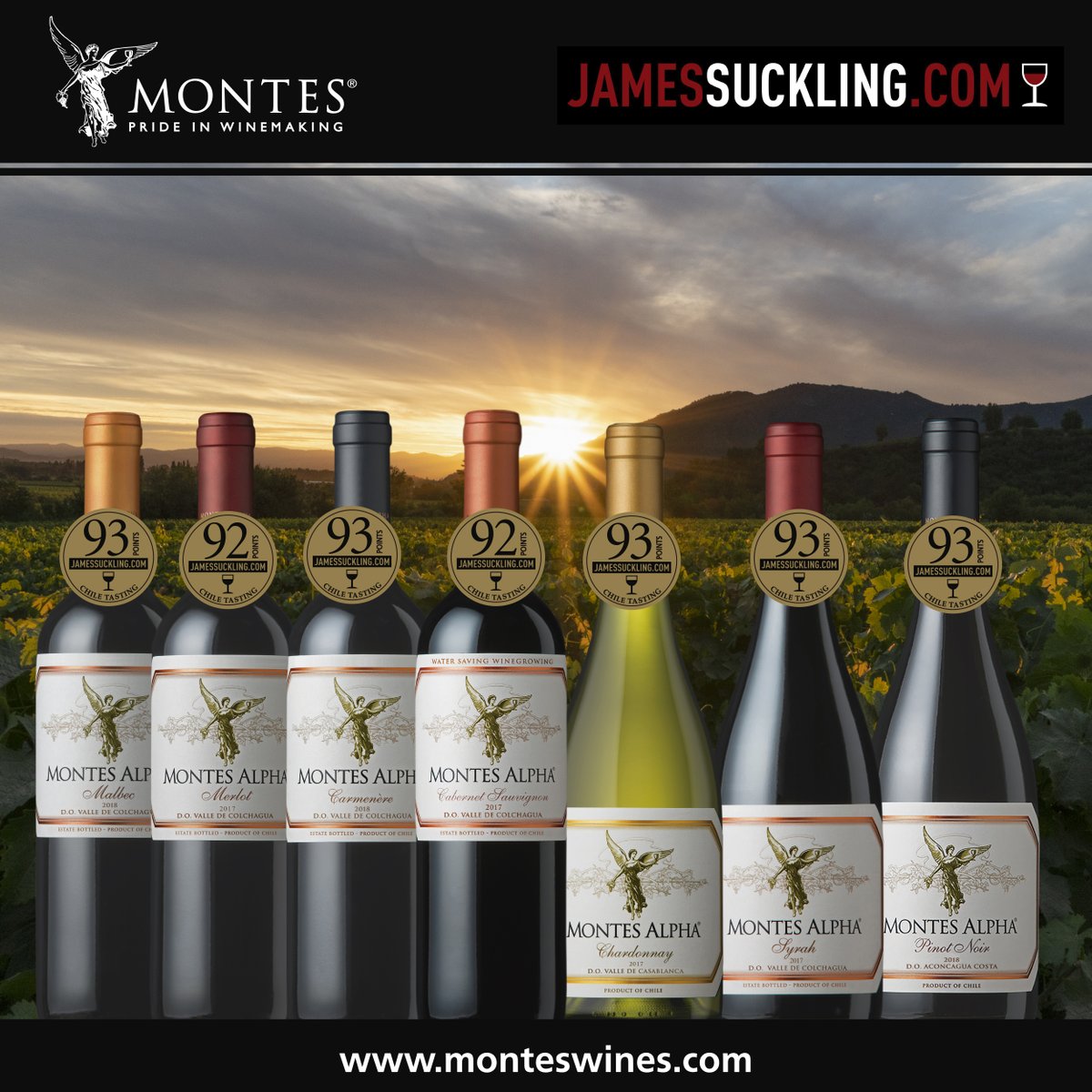 Nuestras felicitaciones a la bodega chilena Montes, por los excelentes puntajes obtenidos para sus vinos del aclamado crítico <a href="/JamesSuckling/">James Suckling</a> 🍷 Si todavía no los conoces, encontralos en vinosdelmundo.com.uy