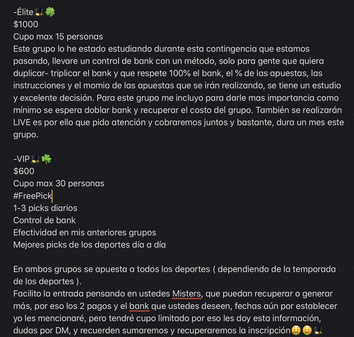 MrTips23's tweet photo. 🚨INFORMACIÓN GRUPOS🚨
Misters, en cuanto regresen alguno de nuestros mercados ATP,NBA, MLB o Fútbol (ligas elite), abriré estos grupos, para facilitarles la entrada he decidido dividir los pagos en 2, ahora y cuando empecemos, para que puedan entrar y no pagar de golpe INFO DM🎩 https://t.co/T0QfBg7psA