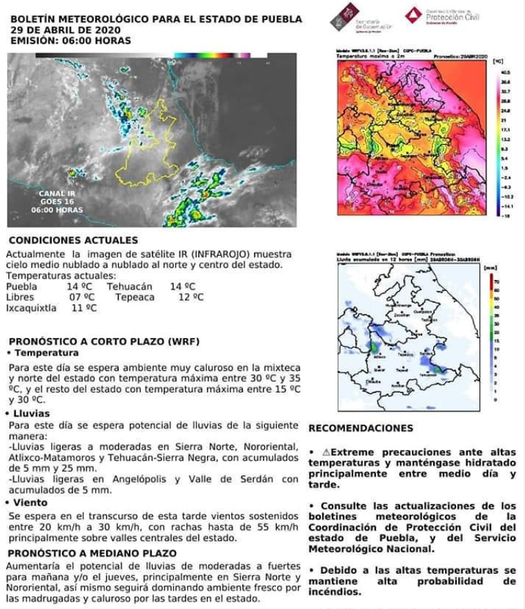 EllafmR's tweet photo. #Clima
🌞Para este día en el edo. de Puebla:
Cielo medio nublado.
Ambiente caluroso.
Viento moderado.
Lluvias moderadas en Sierra Norte, Nororiental, Atlixco-Matamoros y Tehuacán-Sierra Negra
Se mantendría el potencial de lluvias en próximas 24 h y 48 h en el Edo. Vía@PC_Estatal https://t.co/5YZLioFbyR