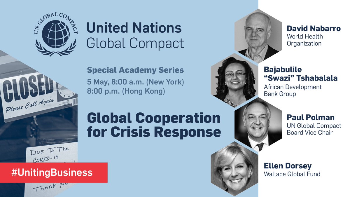 globalcompact's tweet photo. As the @UN marks its 75th anniversary, the world faces an unprecedented global crisis: the #COVID19 pandemic.

On 5 May, join the UN @globalcompact Academy🎓 for a session on global cooperation for crisis response: https://t.co/71fOWj3YkD https://t.co/mVrO2xZpHo #UnitingBusiness