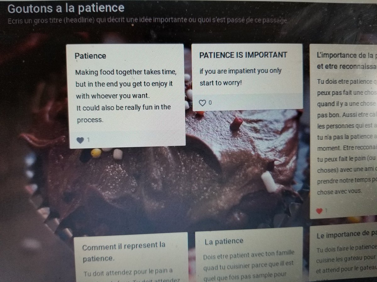 MmeForbes's tweet photo. Nous utilisons un Padlet pour partager nos gros titres pour le passage que nous avons lu: 《Gôutons à la patience》C'est incroyable d'avoir une communauté des pensées! #sccdsb @GregoryHoganCS #frimm https://t.co/PwJ6ERLYgp