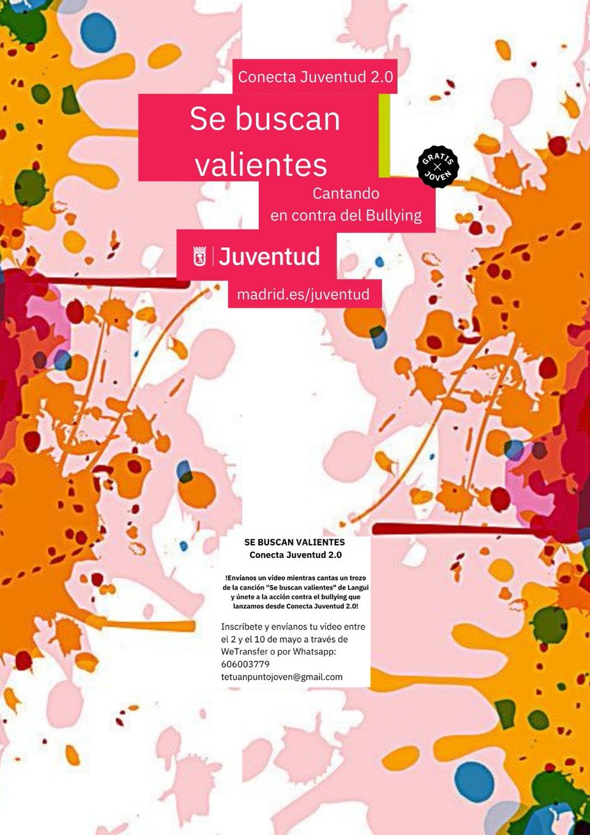 MadridJuventud's tweet photo. Desde #ConectaJuventud2.0 y en conmemoración del 2 de mayo Día Internacional Contra el Bullying o el Acoso Escolar: "SE BUSCAN VALIENTES" ¡ÚNETE!
¡ANÍMATE Y CANTA EN CONTRA DEL BULLYING TÚ TAMBIÉN! ver vídeo: https://t.co/0e0MKBXfpE https://t.co/QLqgKshssg