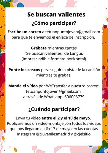 MadridJuventud's tweet photo. Desde #ConectaJuventud2.0 y en conmemoración del 2 de mayo Día Internacional Contra el Bullying o el Acoso Escolar: "SE BUSCAN VALIENTES" ¡ÚNETE!
¡ANÍMATE Y CANTA EN CONTRA DEL BULLYING TÚ TAMBIÉN! ver vídeo: https://t.co/0e0MKBXfpE https://t.co/QLqgKshssg