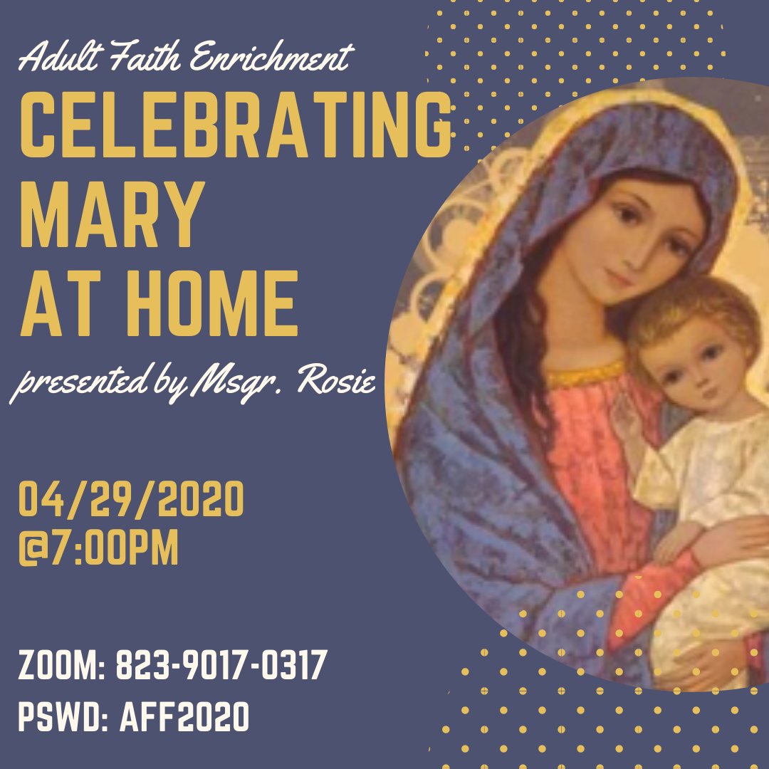 spstudmin's tweet image. In preparation for the month of May - dedicated our Lady - Msgr. Rosie is presenting a faith enrichment session on celebrating Mary at home. Join us tonight at 7pm. You can join directly with the link (ow.ly/GC0h50zs1TE) or by using the room code and password.