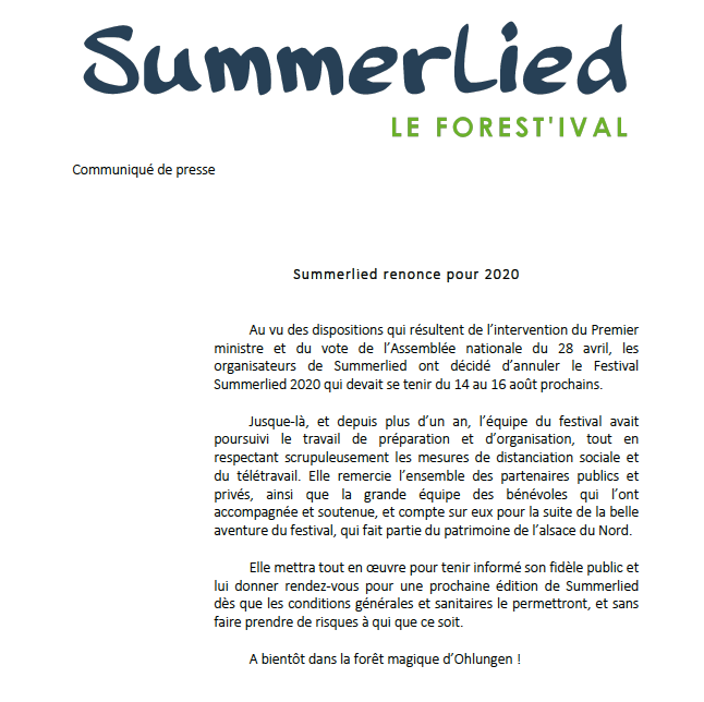 Chers amis, comme vous vous en doutiez depuis l'annonce d'hier, SummerLied ne pourra hélas pas se tenir cette année.
Merci à celles et ceux qui nous ont déjà envoyé de magnifiques messages de soutien.
En attendant : #Restezchezvous #solidaires