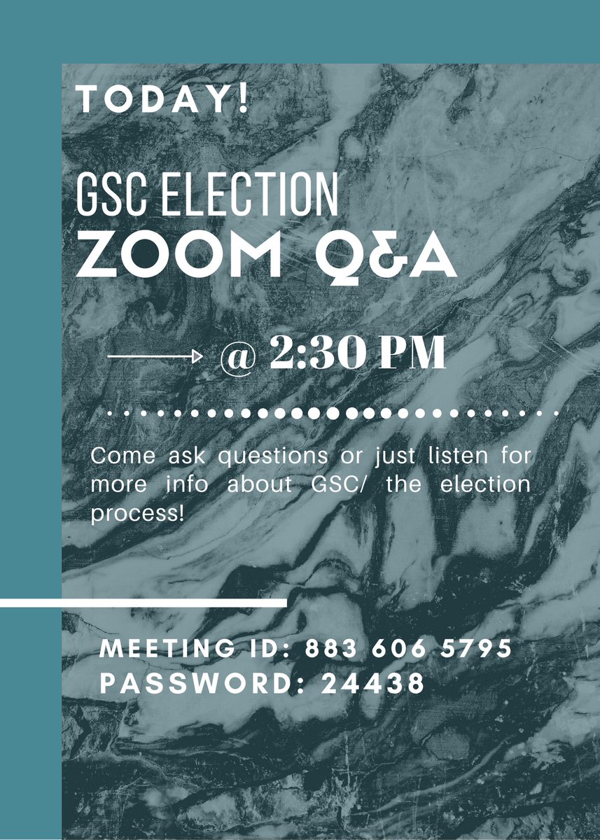 The GSC Application Zoom is TODAY! Have questions about the interview, campaigning process, or anything else GSC related? Come to ask or just listen today at 2:30pm!! 📝💚

Meeting ID: 883 606 5795
Password: 24438